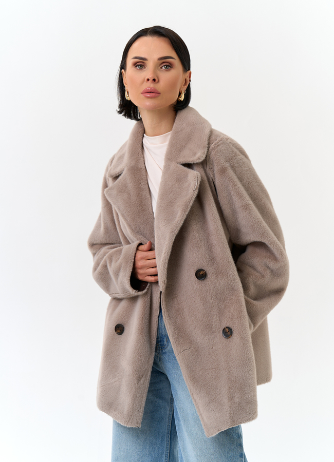 Женская двухсторонняя дубленка из эко замши модель № 32790 универмаг малина