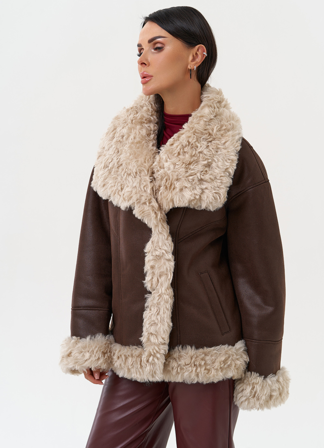 Дубленка из эко замши с высоким воротником модель № 31281 универмаг малина