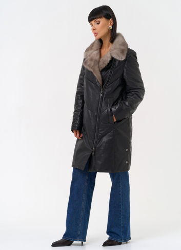 Пуховик из натуральной кожи с воротником из меха норки