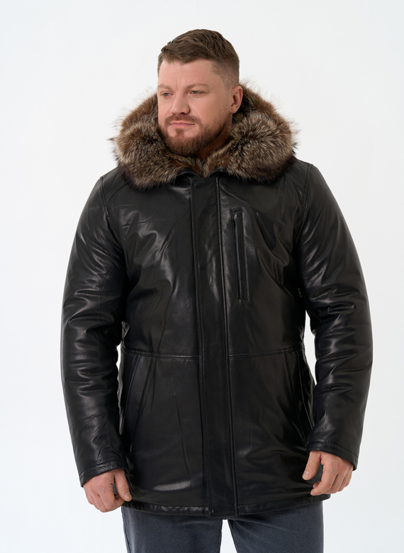 Мужская натуральная дубленка на волке с отделкой из меха енота