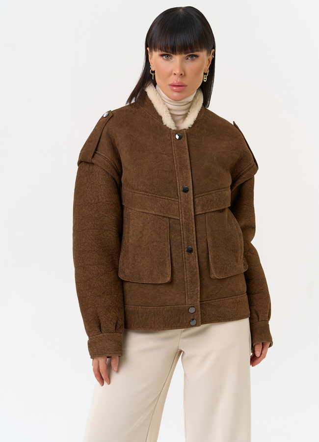 Женская натуральная дубленка в коричневом цвете модель № 31775 меха малина