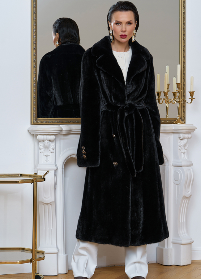 Шуба из меха норки с акцентными пуговицами модель № 32045 меха малина