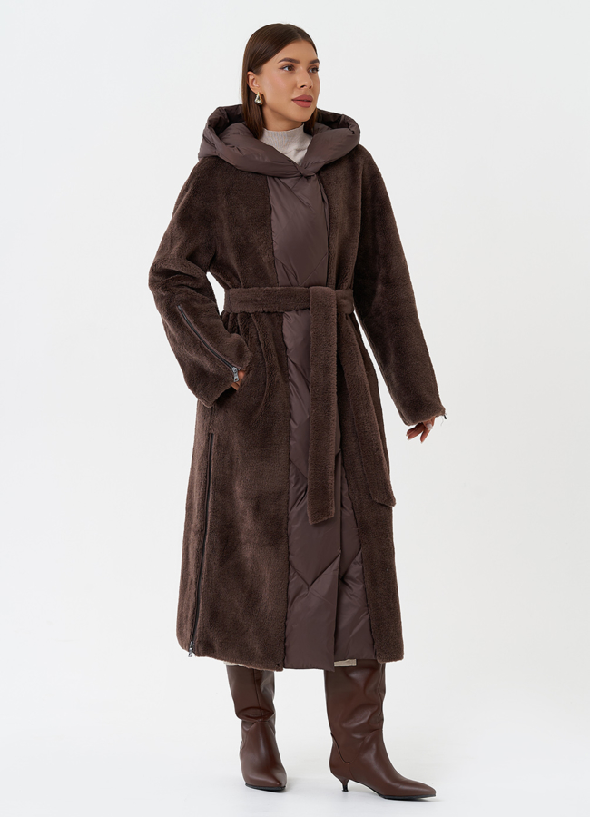 Комбинированное пальто на утеплении с капюшоном модель № 28538 в кредит