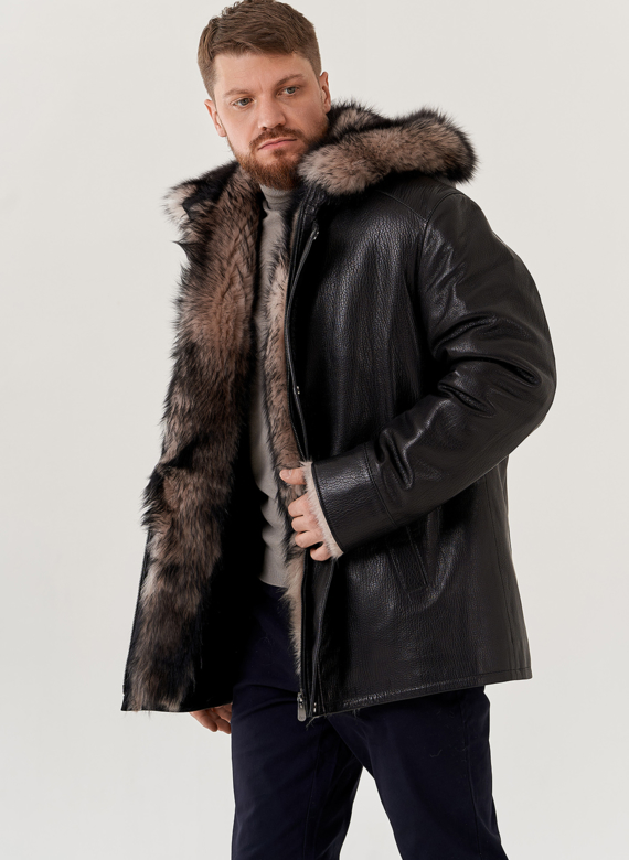 Мужская дубленка с капюшоном 