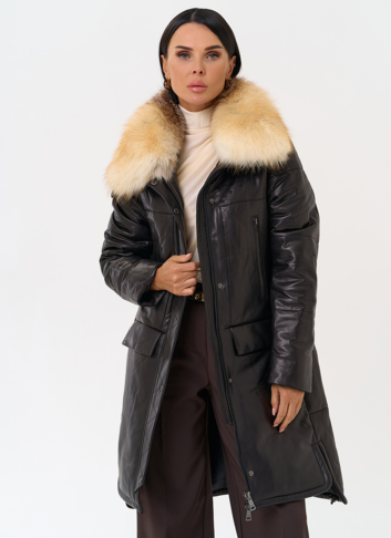 Кожаный пуховик с воротником из лисы Кожаный пуховик с воротником из лисы