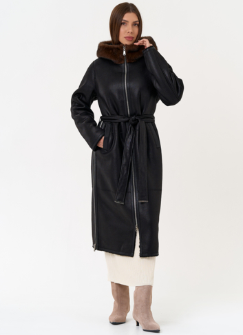 Женская дубленка из эко замши с поясом