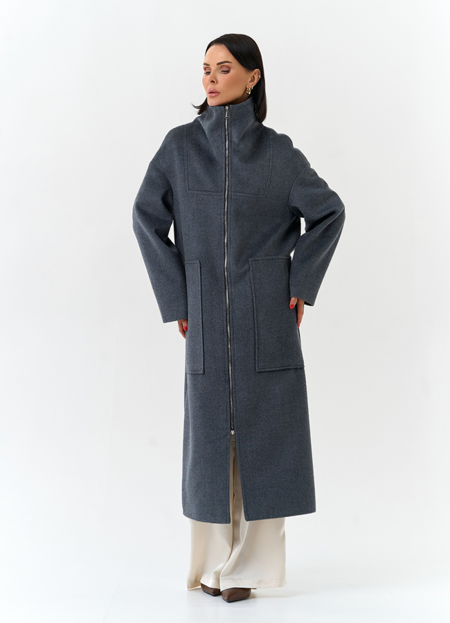 фото Женское длинное пальто с воротником стойкой модель № 32573