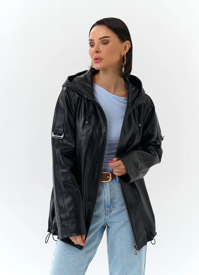 Женская куртка из натуральной кожи с капюшоном модель № 32875 универмаг малина