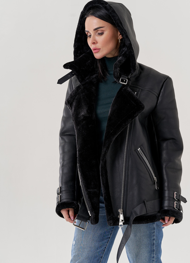 Женская дубленка пилот из эко кожи черного цвета  модель № 79311 универмаг малина