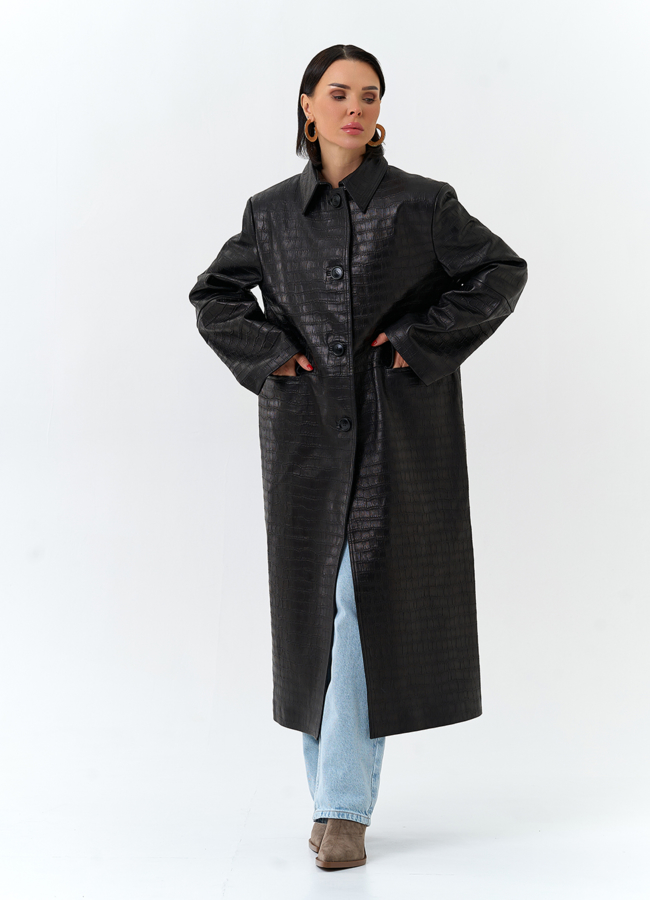 Женский плащ из натуральной кожи  модель № 32870 меха малина