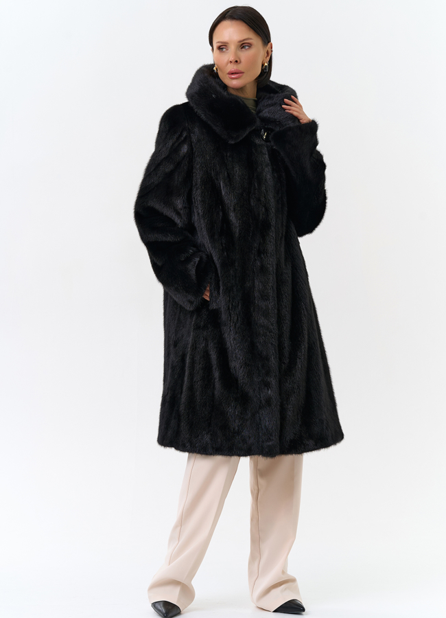 Черная норковая шуба с капюшоном модель № 26158 меха малина