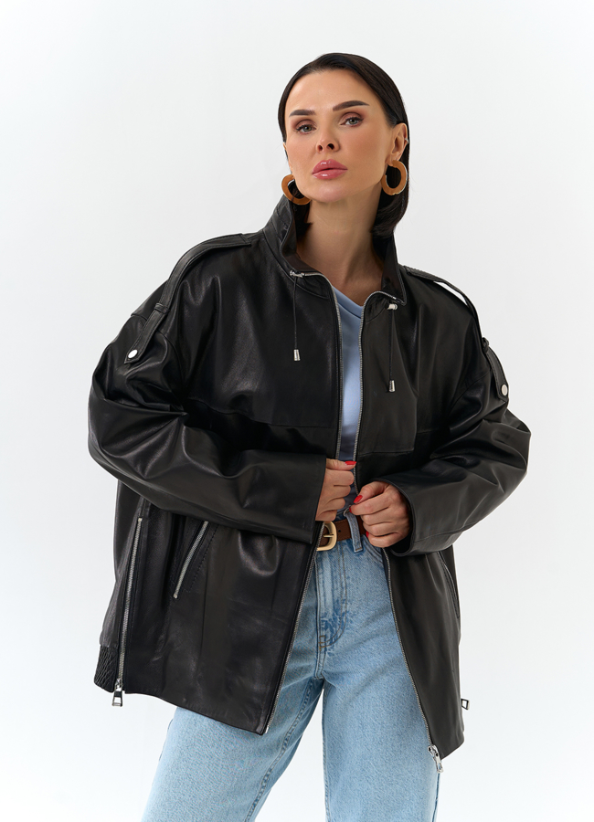 Куртка из натуральной кожи с воротником стойка модель № 32876 меха малина