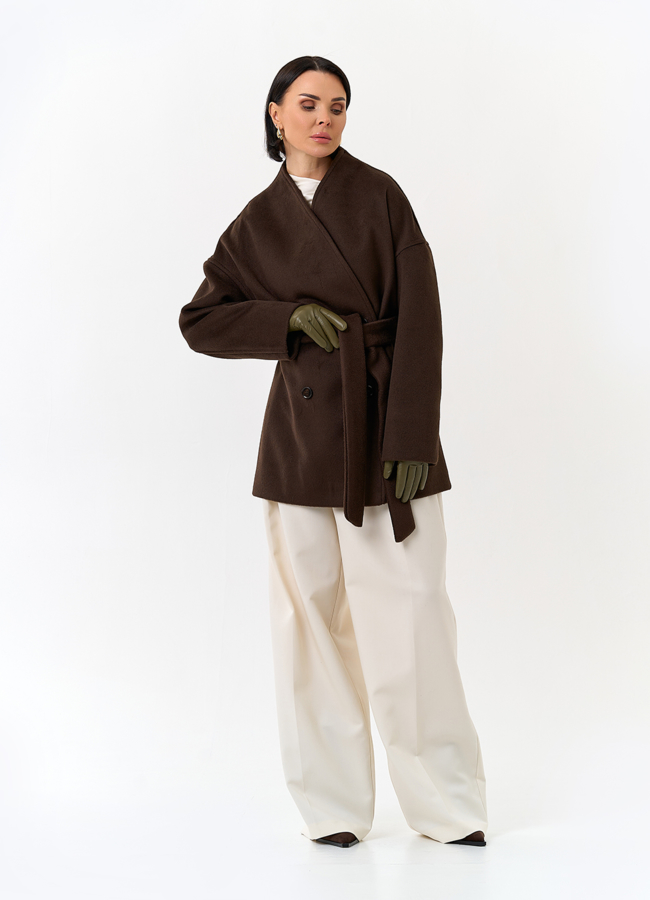 Женское укороченное пальто с поясом модель № 32817 в рассрочку