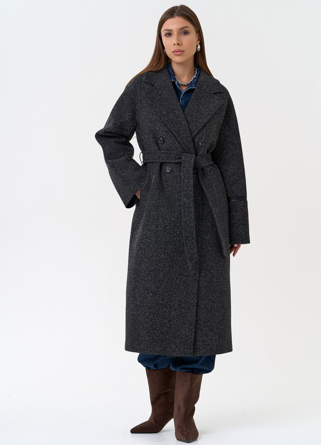 Женское пальто с отделкой из экокожи модель № 31336 в кредит