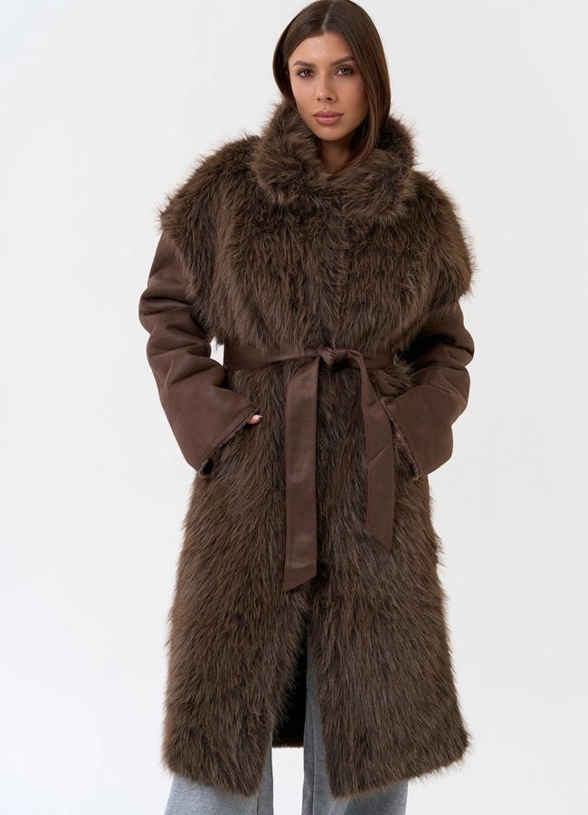 Женская дубленка из эко замши с отделкой из эко меха модель № 31326 меха малина