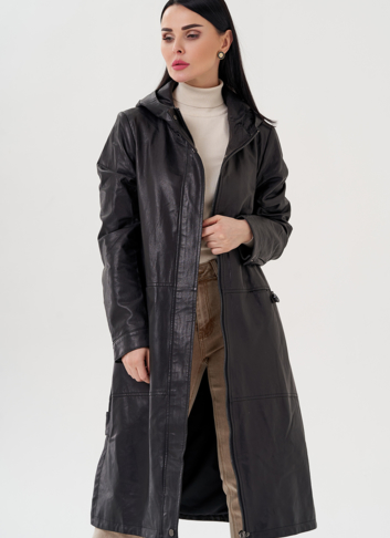 Длинный кожаный плащ с капюшоном
