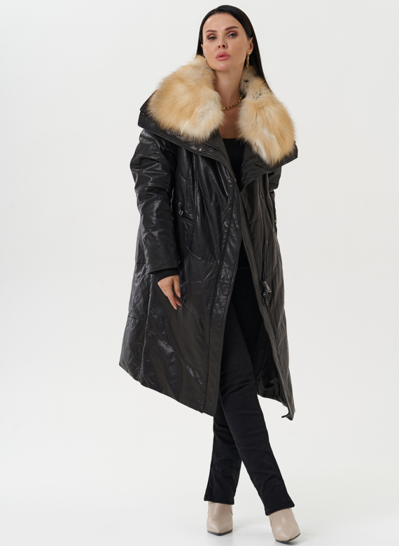 Женский кожаный пуховик с отделкой из меха лисы