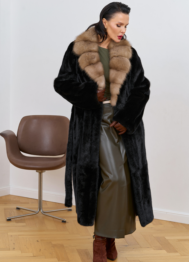 Шуба из меха норки с воротником из меха куницы модель № 31730 универмаг малина