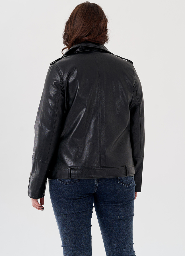 Удлиненная куртка косуха в черном цвете с ремнем модель № 695 в кредит