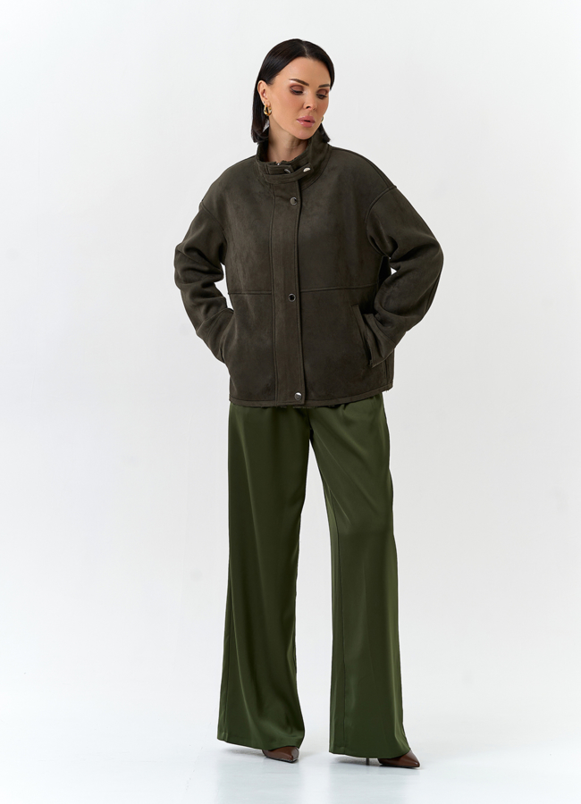 Женская дубленка из эко замши с воротником стойкой модель № 32583 в рассрочку