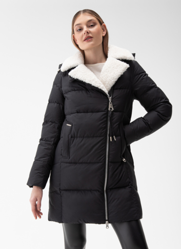 Комбинированный женский пуховик с капюшоном