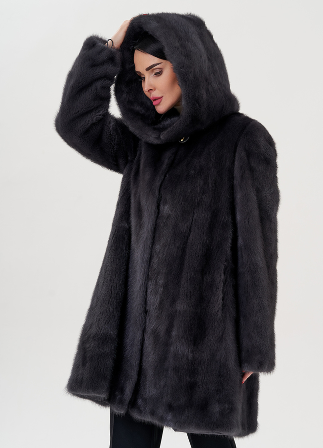 Норковая шуба балетка, в цвете графит с капюшоном модель № 25006 универмаг малина