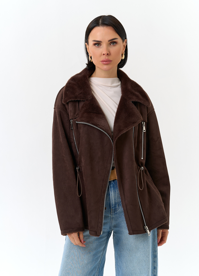 Женская дубленка из эко замши модель № 32792 универмаг малина