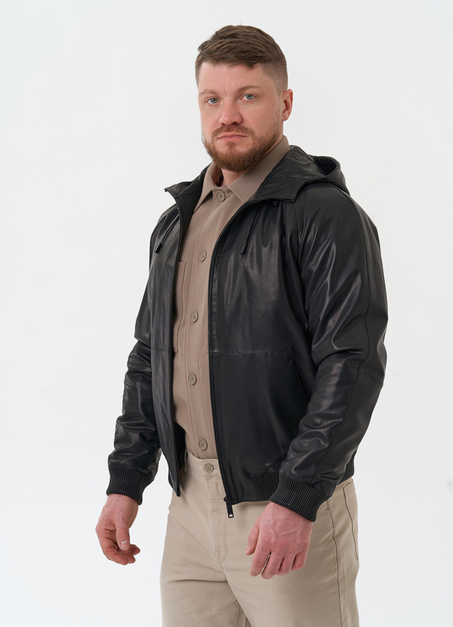 Мужская куртка из натуральной кожи с капюшоном модель № 30073 универмаг малина