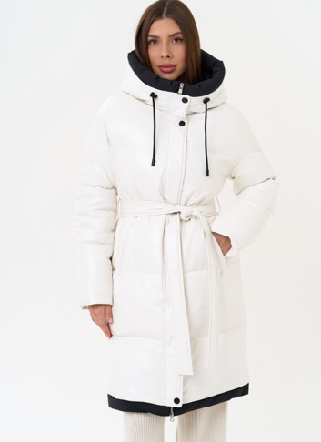 Белый пуховик из эко кожи с поясом Белый пуховик из эко кожи с поясом