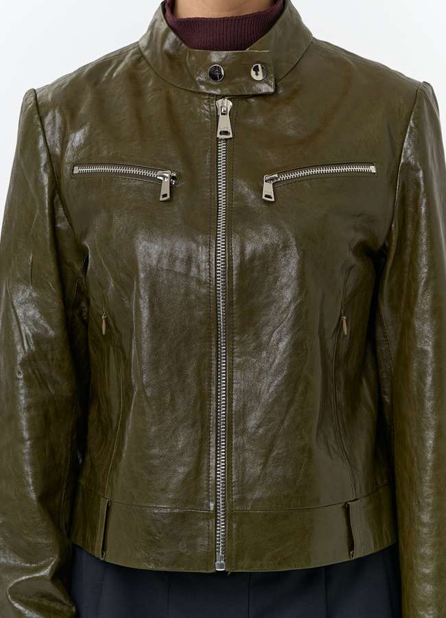 Женская куртка из натуральной кожи зеленого цвета модель № 32728 универмаг малина