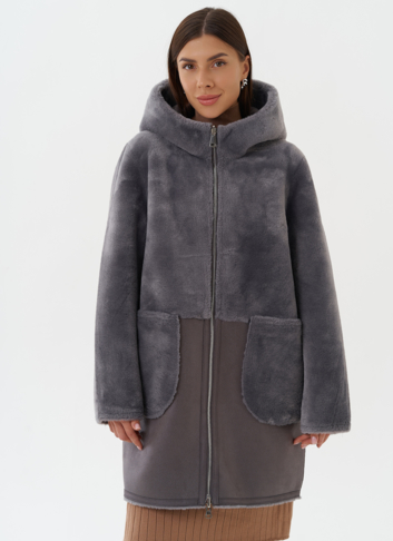 Двухсторонняя эко дубленка с капюшоном