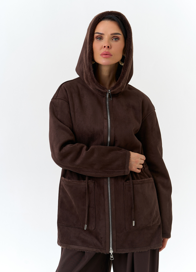 Двухсторонняя дубленка из эко замши с капюшоном модель № 32690 в рассрочку