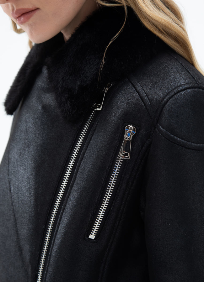 Женская дубленка из эко кожи с отделкой из эко меха модель № 32025 универмаг малина