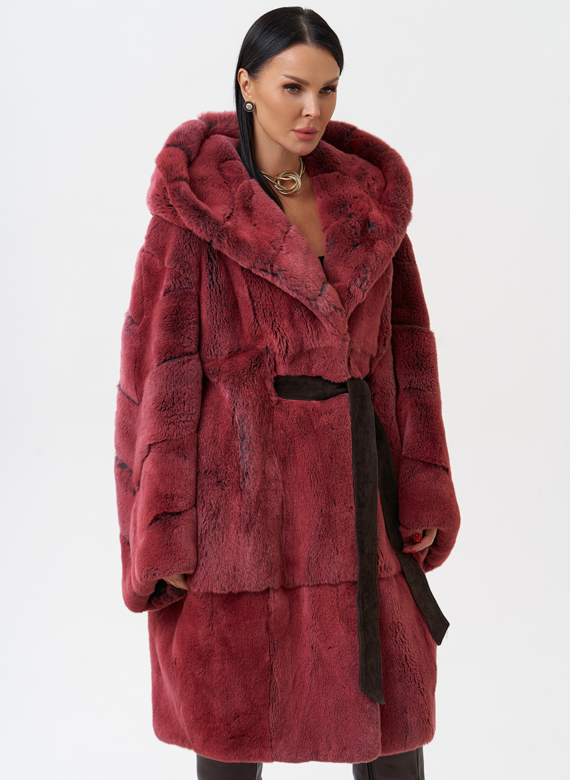 Шуба из меха кролика с капюшоном