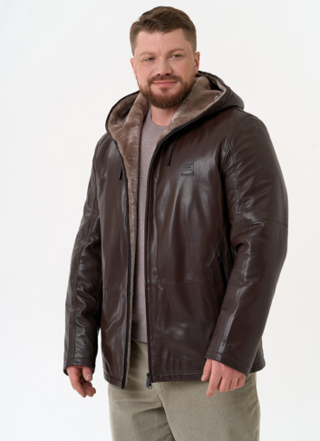 Мужская дубленка коричневого цвета с капюшоном