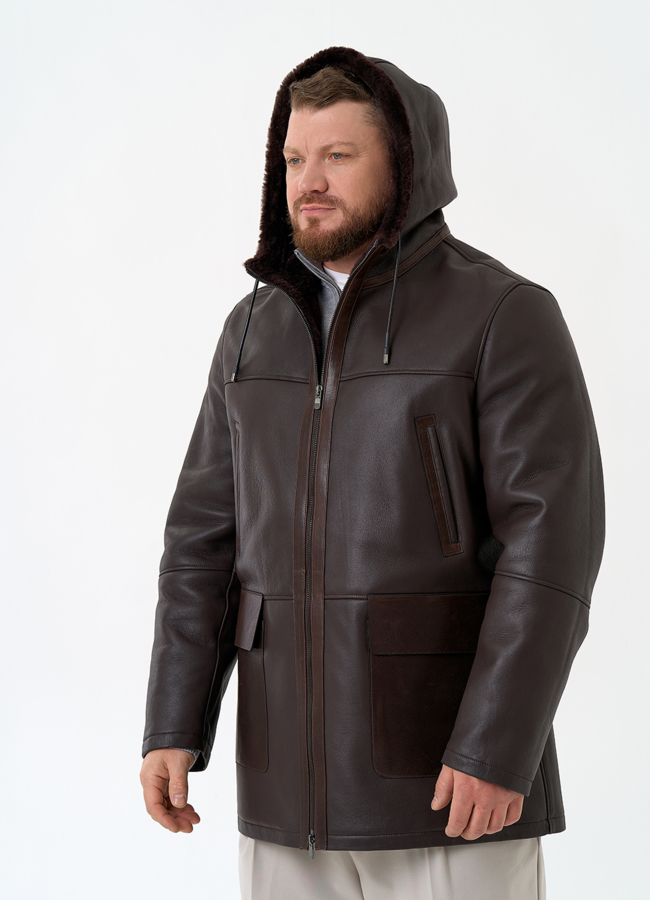 Мужская натуральная дубленка с капюшоном модель № 32059 универмаг малина