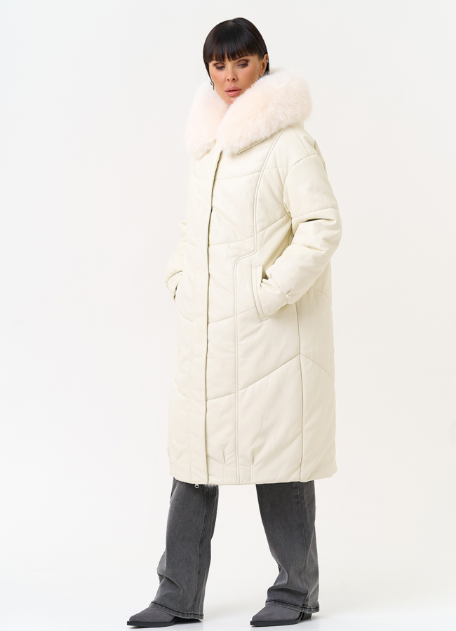 Женский пуховик из эко кожи со съемным эко мехом модель № 30717 в рассрочку