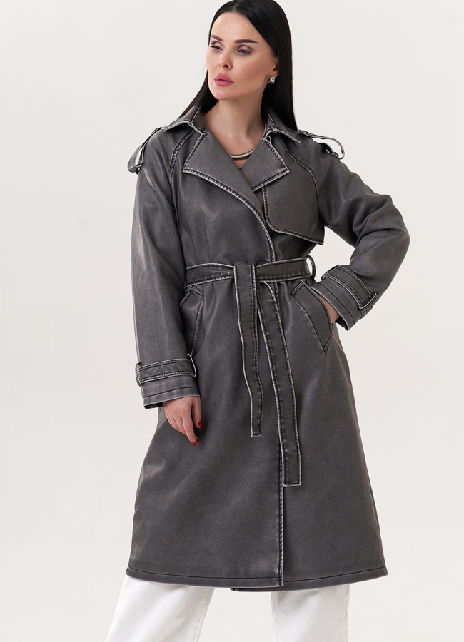 фото Плащ из эко кожи с поясом модель № 26726