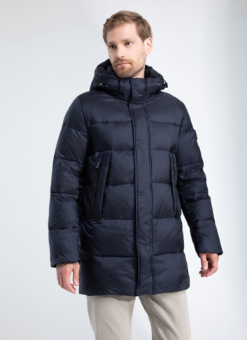 Пуховик мужской синего цвета с капюшоном 