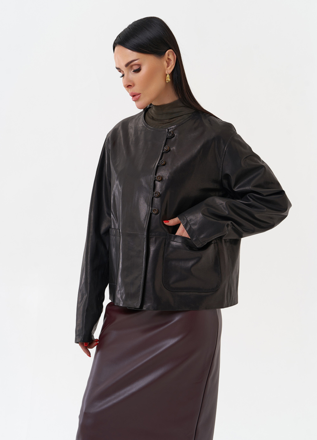Кожаная куртка на пуговицах модель № 29913 универмаг малина