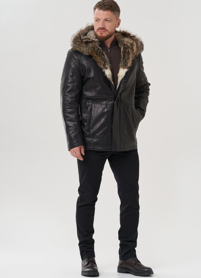 фото Мужская куртка с капюшоном на мехе из волка модель № 25614