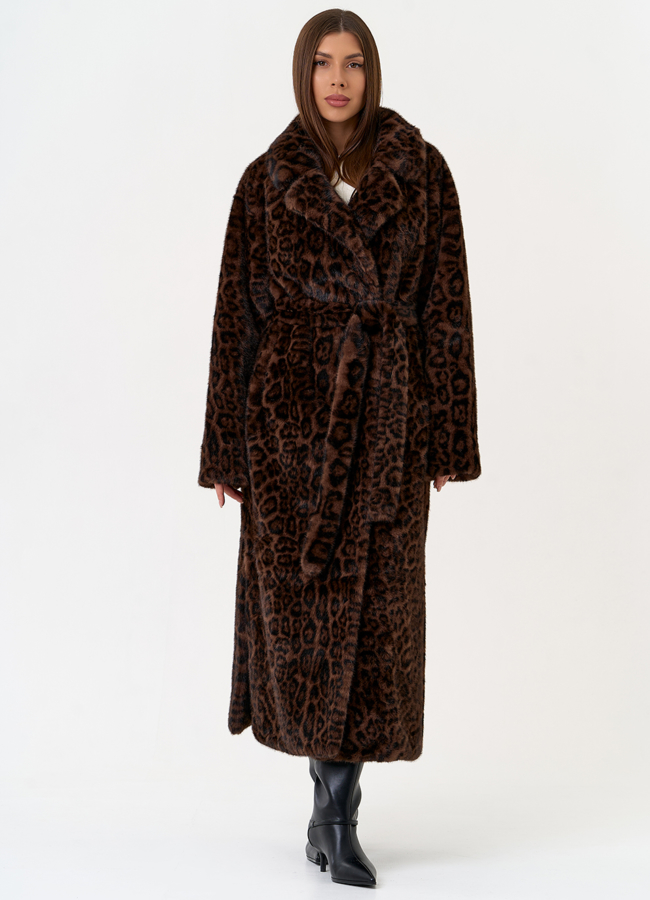Длинная шуба из эко меха с анималистическим принтом модель № 31266 меха малина