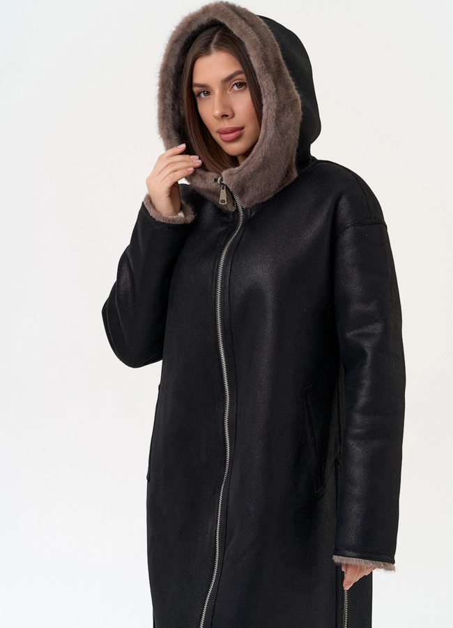 Женская двухсторонняя дубленка из эко замши с капюшоном модель № 31434 универмаг малина
