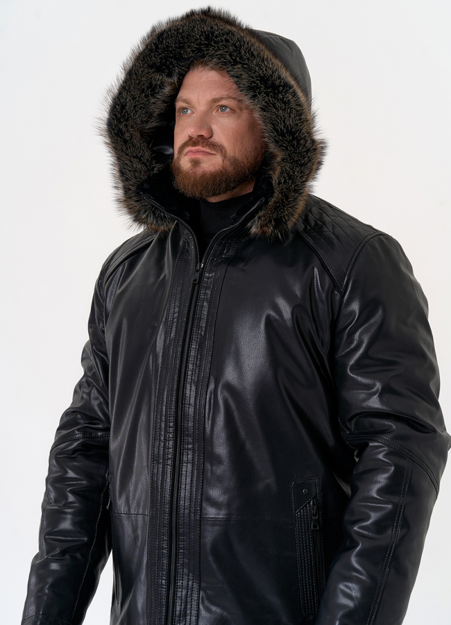 Пуховик из эко кожи с капюшоном из меха енота модель № 31719 универмаг малина